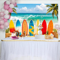 Lofaris Toile de fond de photographie de plage tropicale avec planches de surf et palmiers, d'été vibrant pour studio photo ou événement