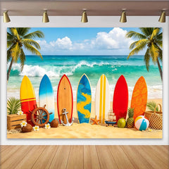 Lofaris Toile de fond de photographie de plage tropicale avec planches de surf et palmiers, d'été vibrant pour studio photo ou événement
