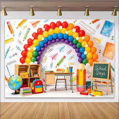 Lofaris Toile de fond rentrée scolaire arc-en-ciel ballons et fournitures, arrière-plan thème salle de classe pour studio photo et décoration