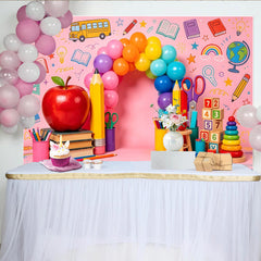 Lofaris Toile de fond de photographie rentrée scolaire avec bus, livres et crayons colorés, magnifique arrière-plan éducatif pour studio photo