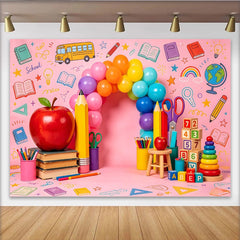 Lofaris Toile de fond de photographie rentrée scolaire avec bus, livres et crayons colorés, magnifique arrière-plan éducatif pour studio photo