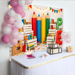 Lofaris Toile de fond pour la rentrée scolaire avec grands crayons et livres colorés, magnifique décor pour studio photo et ambiance éducative