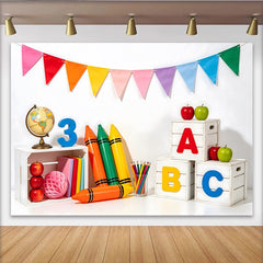 Lofaris Toile de fond de rentrée scolaire colorée avec crayons et alphabet, décor éducatif pour studio photo et fête d'école