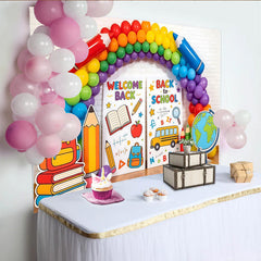 Lofaris Toile de fond pour la rentrée scolaire, ballons arc-en-ciel et fournitures, décor éducatif pour événement et studio photo