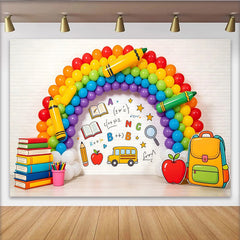 Lofaris Toile de fond pour la rentrée scolaire arc-en-ciel avec livres et bus, arrière-plan éducatif pour studio photo et fête d'école