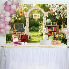 Lofaris Toile de fond rentrée scolaire avec livres et tableau noir, décor d'arche fleurie et fournitures pour studio photo