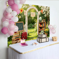 Lofaris Toile de fond rentrée scolaire avec livres et tableau noir, décor d'arche fleurie et fournitures pour studio photo