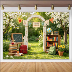 Lofaris Toile de fond rentrée scolaire avec livres et tableau noir, décor d'arche fleurie et fournitures pour studio photo