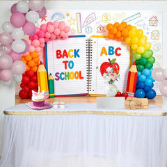 Lofaris Toile de fond pour la rentrée scolaire avec cahier ouvert et lettres ABC, décor de fête coloré avec ballons et crayons