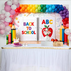 Lofaris Toile de fond colorée pour la rentrée scolaire avec ballons arc-en-ciel et cahier, décor joyeux avec crayons et pommes
