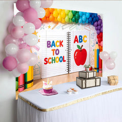 Lofaris Toile de fond colorée pour la rentrée scolaire avec ballons arc-en-ciel et cahier, décor joyeux avec crayons et pommes