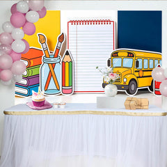 Lofaris Toile de fond pour la rentrée scolaire avec bus, livres et crayons, arrière-plan coloré pour studio photo et décoration de classe