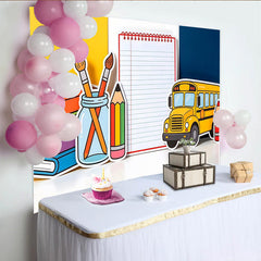 Lofaris Toile de fond pour la rentrée scolaire avec bus, livres et crayons, arrière-plan coloré pour studio photo et décoration de classe