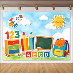 Lofaris Toile de fond colorée pour la rentrée scolaire avec fusée et soleil, décor éducatif pour enfants et arrière-plan