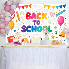 Lofaris Toile de fond pour la rentrée scolaire colorée avec fournitures et ballons, arrière-plan joyeux pour studio et décoration de classe