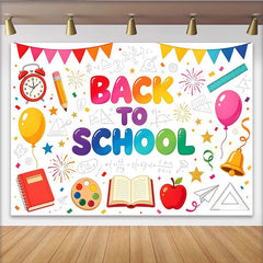 Lofaris Toile de fond pour la rentrée scolaire colorée avec fournitures et ballons, arrière-plan joyeux pour studio et décoration de classe