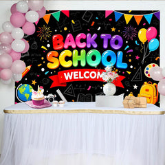 Lofaris Toile de fond pour la rentrée scolaire avec fournitures colorées, magnifique décor de bienvenue sur tableau noir pour studio photo
