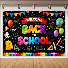 Lofaris Toile de fond pour la rentrée scolaire avec fournitures, lettres colorées et décor festif pour studio photo