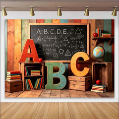 Lofaris Toile de fond de photographie école avec tableau noir alphabet et livres, décor rustique en bois aux couleurs vives pour studio photo