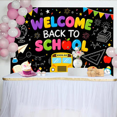 Lofaris Toile de fond rentrée scolaire avec bus et fournitures colorées, arrière-plan tableau noir pour studio photo et événement festif