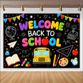 Lofaris Toile de fond rentrée scolaire avec bus et fournitures colorées, arrière-plan tableau noir pour studio photo et événement festif