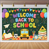 Lofaris Toile de fond colorée pour la rentrée scolaire avec bus et livres, décor de fête éducatif pour studio photo et événement scolaire