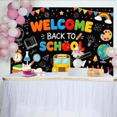 Lofaris Toile de fond colorée pour la rentrée scolaire avec bus et fournitures, décor de tableau noir pour studio photo et événement