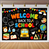 Lofaris Toile de fond colorée pour la rentrée scolaire avec bus et fournitures, décor de tableau noir pour studio photo et événement