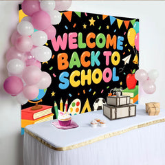 Lofaris Toile de fond colorée pour la rentrée scolaire avec fournitures et ballons, magnifique arrière-plan de fête pour studio photo et école