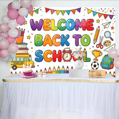 Lofaris Toile de fond colorée pour la rentrée scolaire avec bus et fournitures, joyeux décor de studio photo pour enfants et étudiants