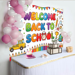 Lofaris Toile de fond colorée pour la rentrée scolaire avec bus et fournitures, joyeux décor de studio photo pour enfants et étudiants
