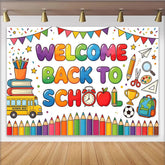 Lofaris Toile de fond colorée pour la rentrée scolaire avec bus et fournitures, joyeux décor de studio photo pour enfants et étudiants