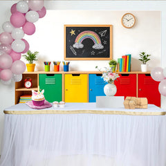 Lofaris Toile de fond de photographie arc-en-ciel pour enfants avec tableau noir et casiers colorés, lumineux arrière-plan de studio photo