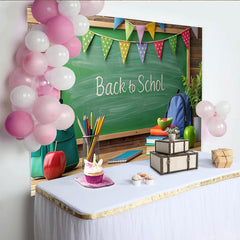 Lofaris Toile de fond rentrée scolaire avec tableau noir, livres et fournitures, arrière-plan coloré pour école et photographie
