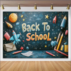 Lofaris Toile de fond rentrée scolaire tableau noir avec fusées et crayons, décor éducatif pour studio photo ou classe