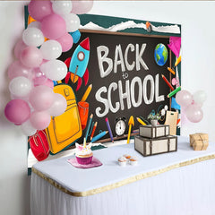 Lofaris Toile de fond tableau noir rentrée scolaire avec fournitures et craie, arrière-plan éducatif pour studio photo et fête d'école