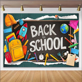 Lofaris Toile de fond tableau noir rentrée scolaire avec fournitures et craie, arrière-plan éducatif pour studio photo et fête d'école