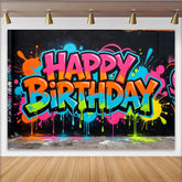 Lofaris Toile de fond d'anniversaire graffiti néon avec éclaboussures de peinture vives, décor urbain et festif pour studio photo