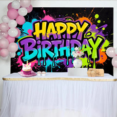 Lofaris Toile de fond pour anniversaire graffiti couleurs néon et éclaboussures, arrière-plan de fête moderne pour studio
