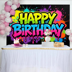 Lofaris Toile de fond anniversaire graffiti néon avec éclaboussures de peinture colorées, décor de fête vibrant pour studio photo