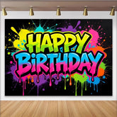 Lofaris Toile de fond anniversaire graffiti néon avec éclaboussures de peinture colorées, décor de fête vibrant pour studio photo