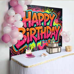 Lofaris Toile de fond d'anniversaire graffiti couleurs néon et éclaboussures, décor de fête urbain et moderne pour studio photo