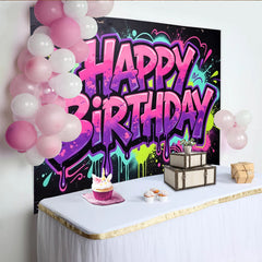 Lofaris Toile de fond joyeux anniversaire style graffiti néon et éclaboussures de peinture, décor de fête urbain et coloré pour studio photo