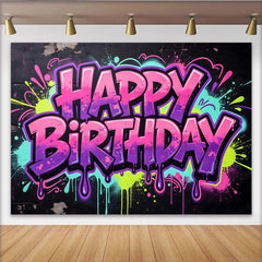 Lofaris Toile de fond joyeux anniversaire style graffiti néon et éclaboussures de peinture, décor de fête urbain et coloré pour studio photo