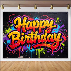 Lofaris Toile de fond pour anniversaire graffiti avec couleurs vives et éclaboussures de peinture, décor de fête urbain pour studio photo