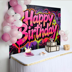 Lofaris Toile de fond anniversaire graffiti néon avec éclaboussures de peinture, décor de fête urbain et coloré pour studio photo