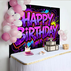 Lofaris Toile de fond anniversaire graffiti néon avec éclaboussures de peinture rose violet bleu, décor de fête urbain pour studio photo
