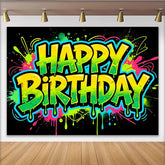 Lofaris Toile de fond d'anniversaire graffiti néon avec éclaboussures de peinture, décor de fête vibrant pour studio photo
