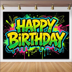 Lofaris Toile de fond d'anniversaire graffiti néon avec éclaboussures de peinture, décor de fête vibrant pour studio photo