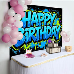 Lofaris Toile de fond graffiti joyeux anniversaire aux couleurs vives et éclaboussures, arrière-plan moderne pour fête et studio photo